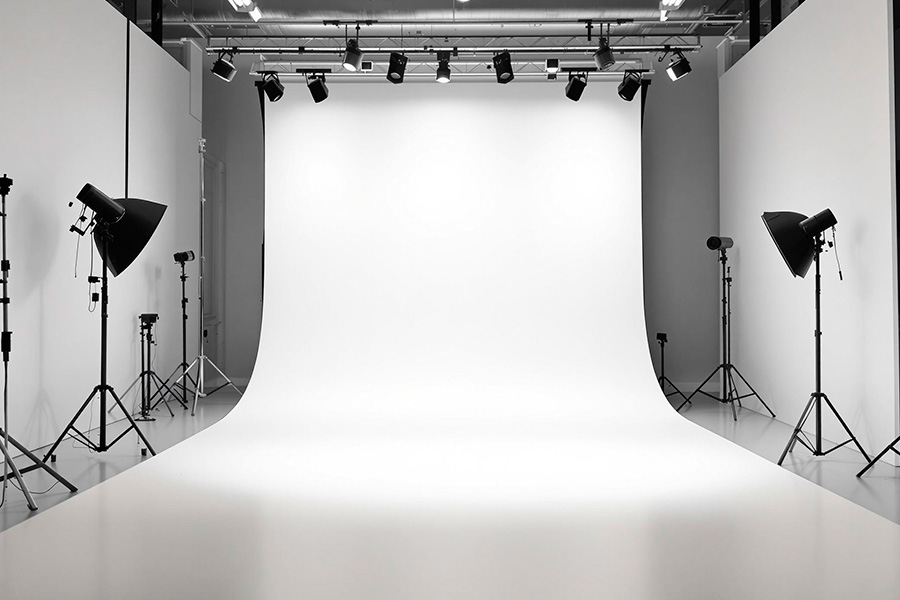 A clean, seamless, all-white cyclorama wall in a professional photo studio.