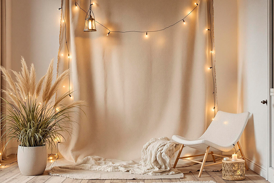 A cozy boho-style corner with a soft beige fabric backdrop draped loosely from top to bottom. The scene includes warm decorative elements: pampas grass in a ceramic pot, a woven lantern base with candles, a minimalist lounge chair covered with a textured throw blanket, and fairy lights stringed around the background, creating a warm, inviting atmosphere. The wooden floor adds a natural, rustic touch.
